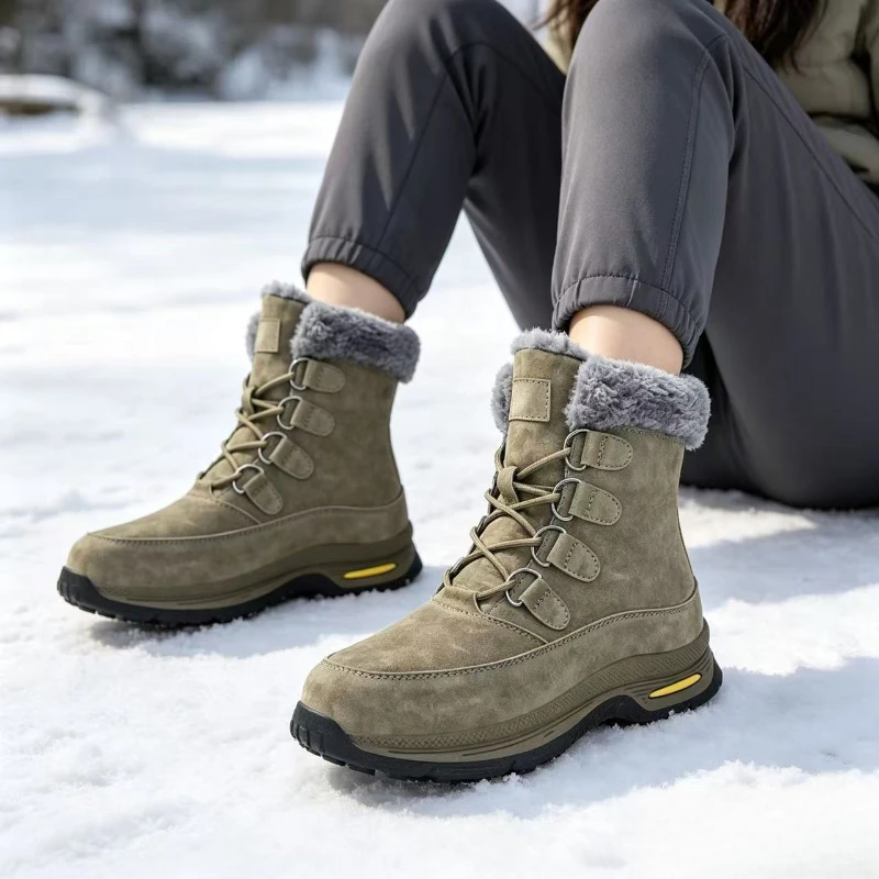 Snow boots Faux suede lace-up boots Fluffy fleece lining Non-slip thick-soled outdoor hiking Cold weather warm ankle boots