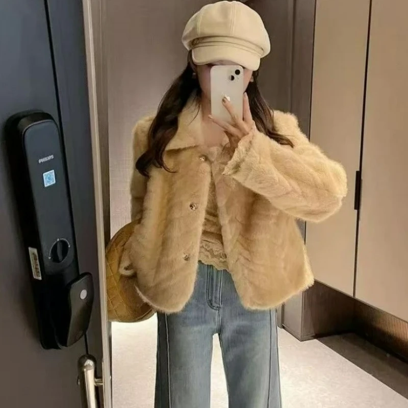 Imitation Fur Collar Thick Coat for Women Winter 2026 Fashionable Golden Leaf Mink High-end Warm Fur Integrated Top for Women