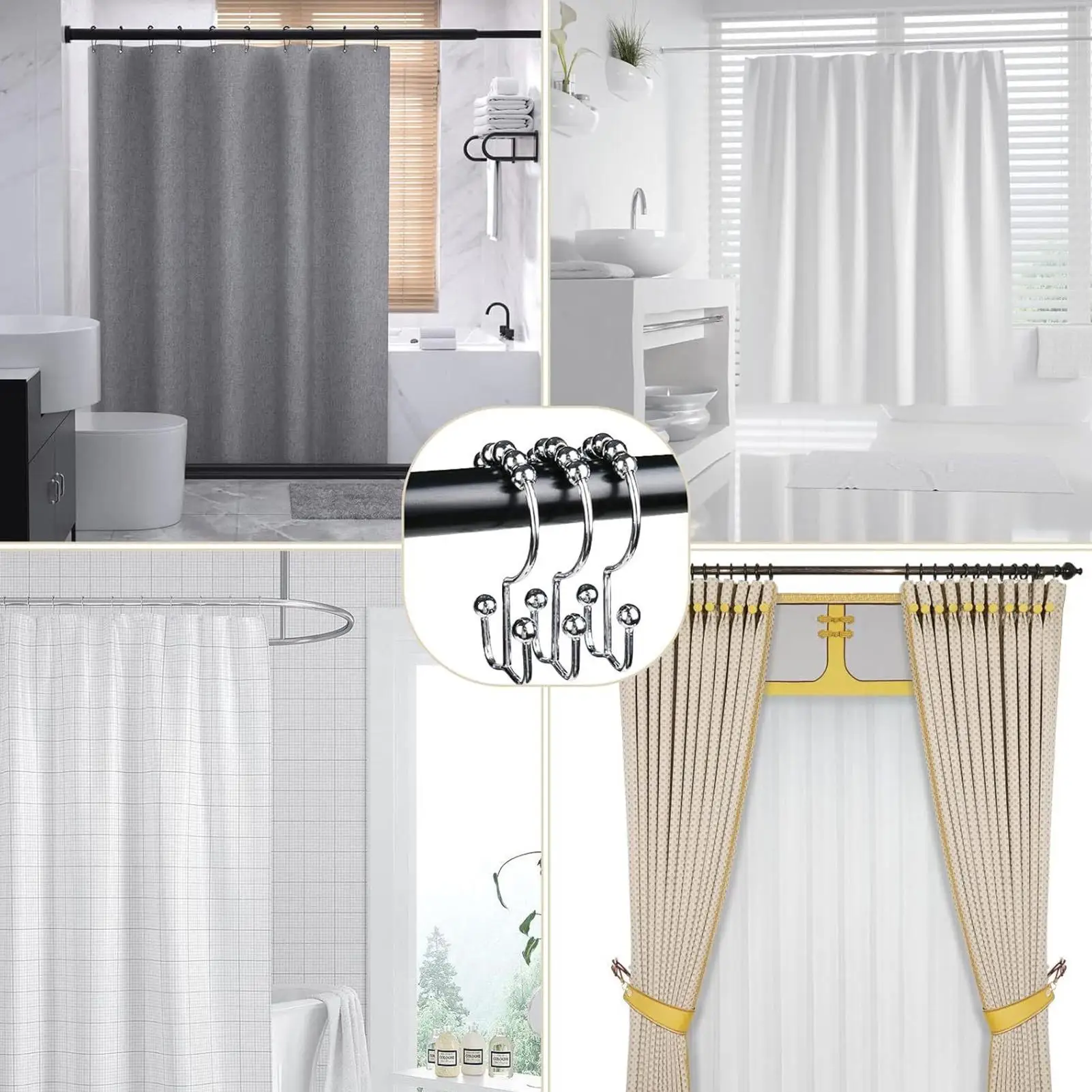 Shower Rod Hooks 12 Pieces Double Glide Liner Hanger Shower Rod Rings For Home Window Closet Bathroom Hotel Dorm Gym