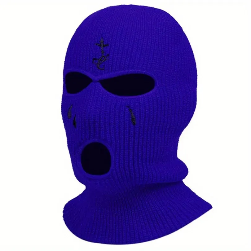 Cross Embroidery Ski Mask Winter Balaclava Hat 3-Hole Knitted Full Face Cover Neck Gaiter Warm Beanie for Outdoor Sport