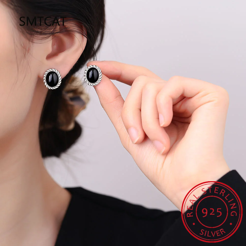 Oval Natural Black Spinel 925 Sterling Silver Stud Earrings for Women Fashion Gemstone Jewelry Brincos de Prata