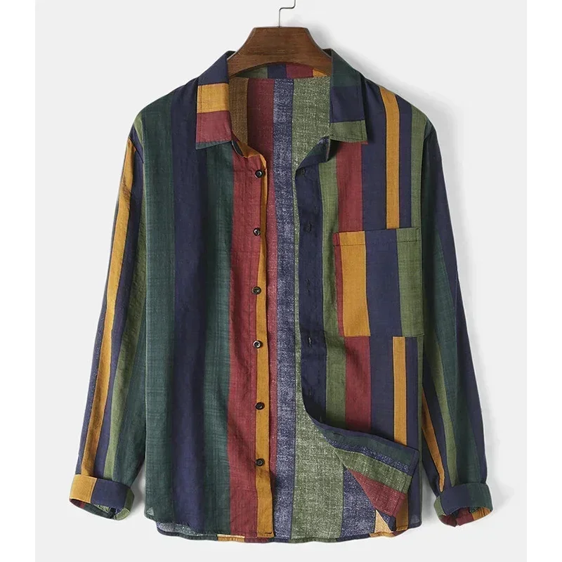 

Autumn Men's Streetwear Colorful Vertical Stripes Loose Long Sleeve Shirt Leisure Fashion Retro Button-down Cotton Pockets Tops