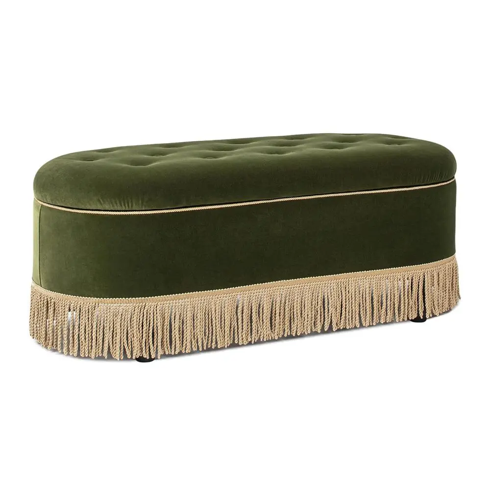 48.5 Oval Tufted Bullion Fringe Storage Bench, Olive Green Performance Velvet