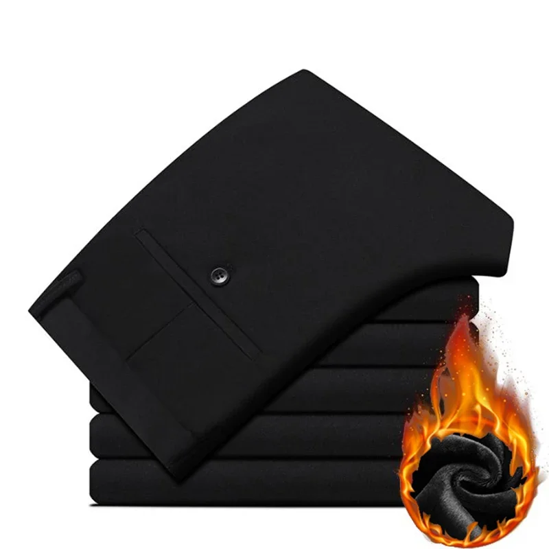 Men Winter Thermal Business Casual Suit Pants Male Loose Straight Leg Thickened Warm Pants Fashion Trend Black Gray Trousers