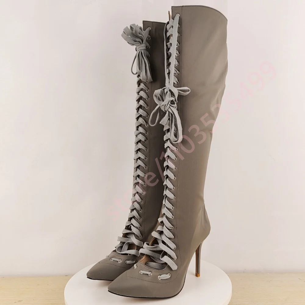 أشار تو الدانتيل متابعة مثير المرأة أحذية عالية في الركبة 2025 الخريف الرجعية المدرج خنجر الأحذية الأخضر/الرمادي حفلة حذاء طويل غير رسمي #2