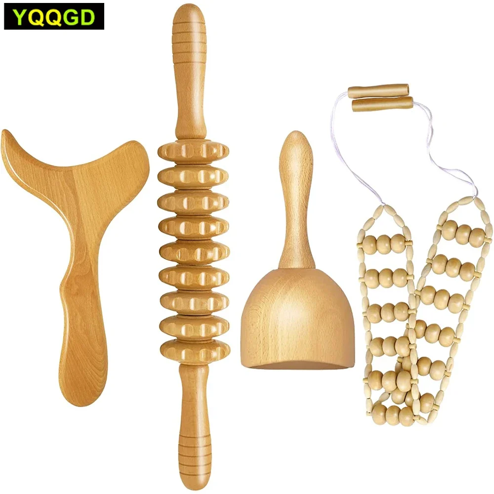 

4Pc Wood Therapy Massage Tools,Gua Sha Lymphatic Drainage Massager Board,Maderoterapia kit,Wooden Anti-Cellulite Massage Roller