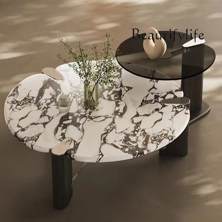 

Italian minimalist ash wood creative round coffee table combination home living room high-end marble coffee table