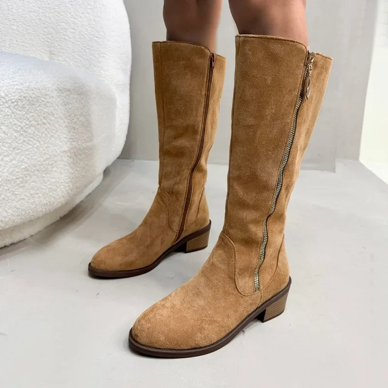 

Autumn New Round Head Suede Side Zipper Soft Sole Anti-slip Wear-resistant High Boots Women's Chunky Single Boots