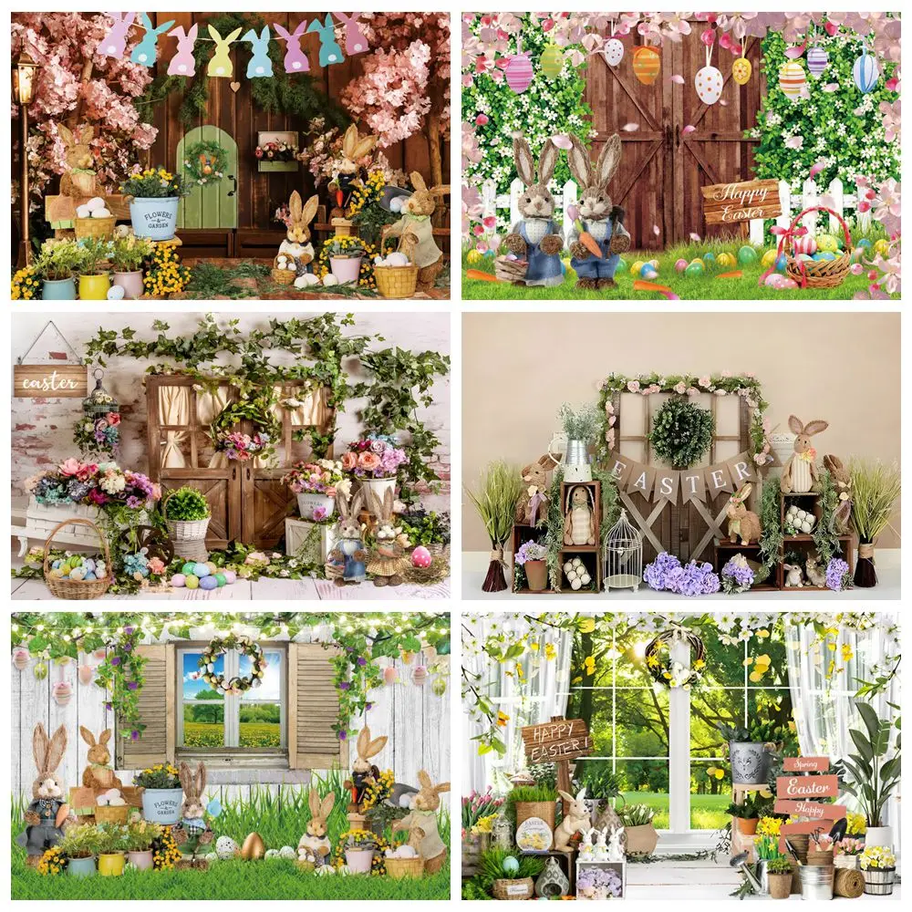 

Spring Easter Backdrop Photography Flowers Bunny Eggs Window Wooden Wall Floor Interior Baby Kids Portrait Photocall Background