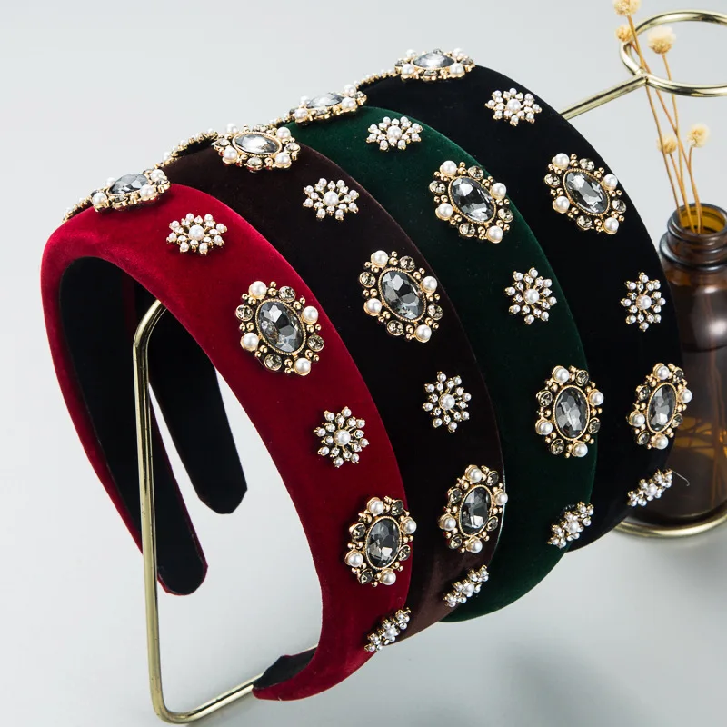 Lux Velvet Sponge Padded Rhinestone Flower Hairbands Opaski na głowę Ozdoby Akcesoria dla kobiet Akcesoria do włosów Hurtownia