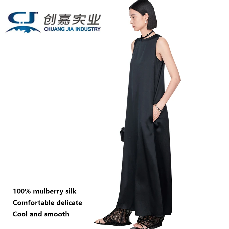 100% Mulberry Silk Women's Dress Silk Satin Round Neck Long and Bare Skirt Simple Temperament Soft and Delicate Urban Fashion