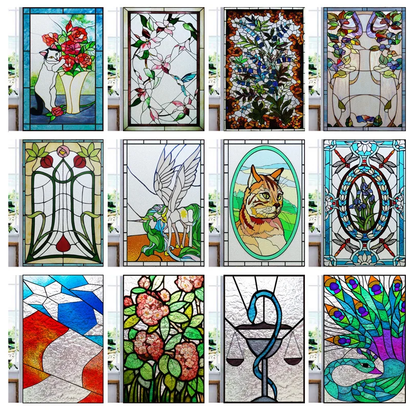 Stained Glass Window Film, Flower Sun Fruit Cat Design, Frosted Privacy Vinyl Static Cling Door Sticker for Home Office Glass