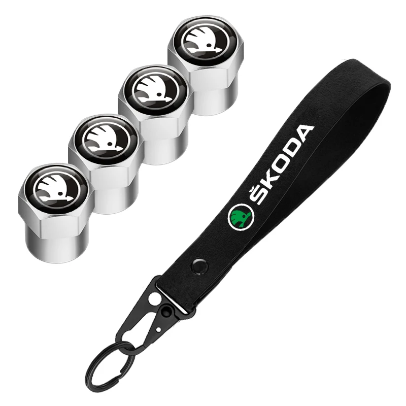 For Skoda Octavia Rapid Kodiaq Karoq Kamiq Scala VRS Aluminum Metal Car Tire Valve Cover Car Badge Nylon Keychain Accessories