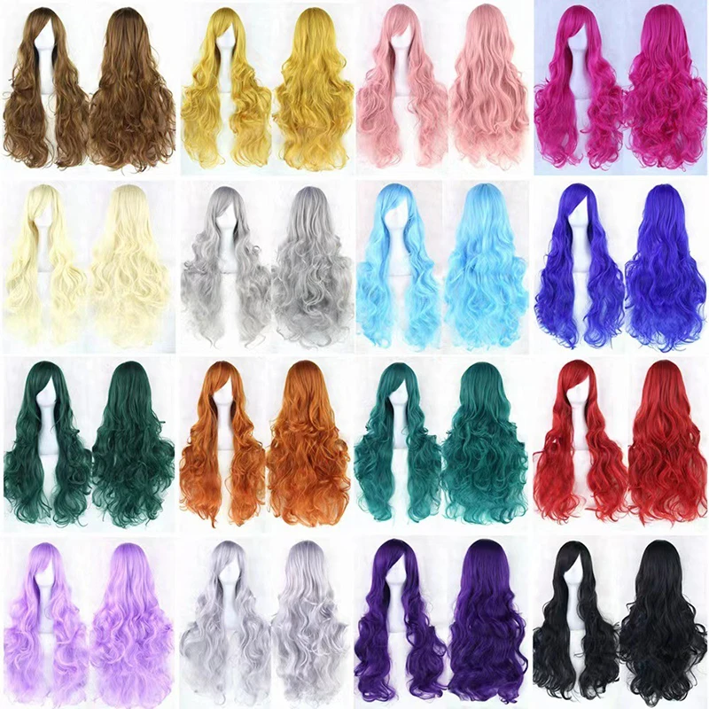 Anime Cosplay Colorful Wig High End Dance Party Woman Match Long Curly Hair Concert Lady Headwear Side Swept Bangs Long Hair