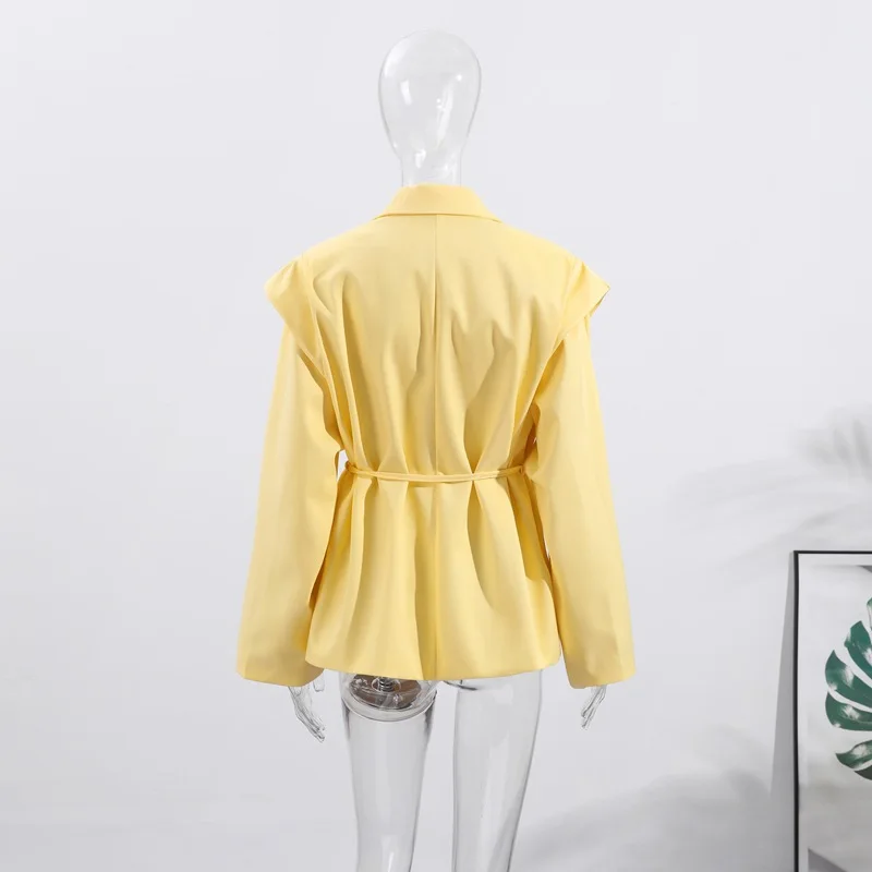 Giacca doppiopetto a maniche lunghe con cintura con volant giallo da donna, cappotto da ufficio casual con coulisse in vita, abbigliamento da lavoro alla moda