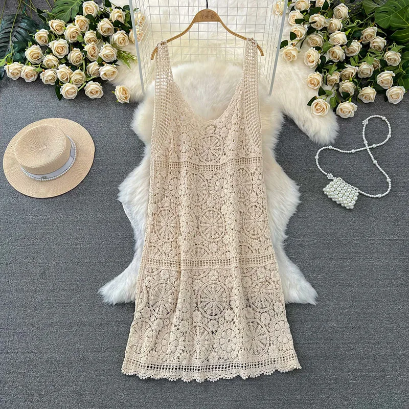 Boring Honey Summer Retro Forest Style Layered V-Neck A-Line Hook Lace Openwork Knit Dress - Slimming Loose-Fit Outfit Girls
