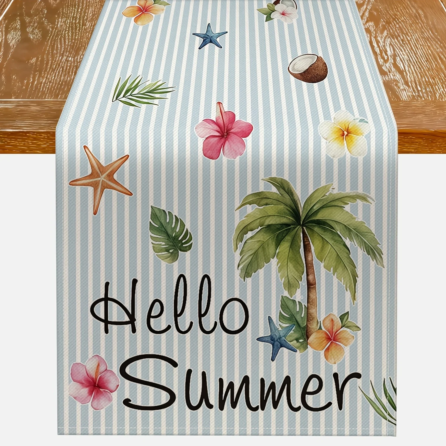 1 Piece Hello Summer Palm Tree, Pink Floral Print Table Runner, Suitable for Farmhouse, Indoor, Kitchen, Celebrations, Table Decoration, Restaurant and Banquet Decoration Supplies