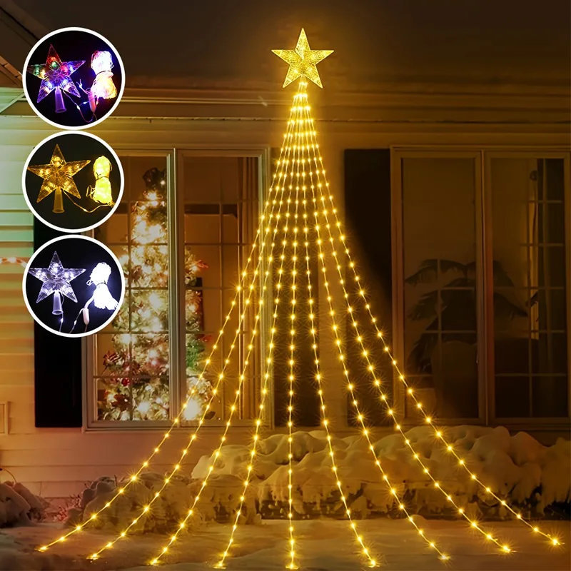 Christmas Waterfall Fairy String Lights with Topper Star, Christmas Tree Decorations for Home 2024 Navidad Natal New Year 2025