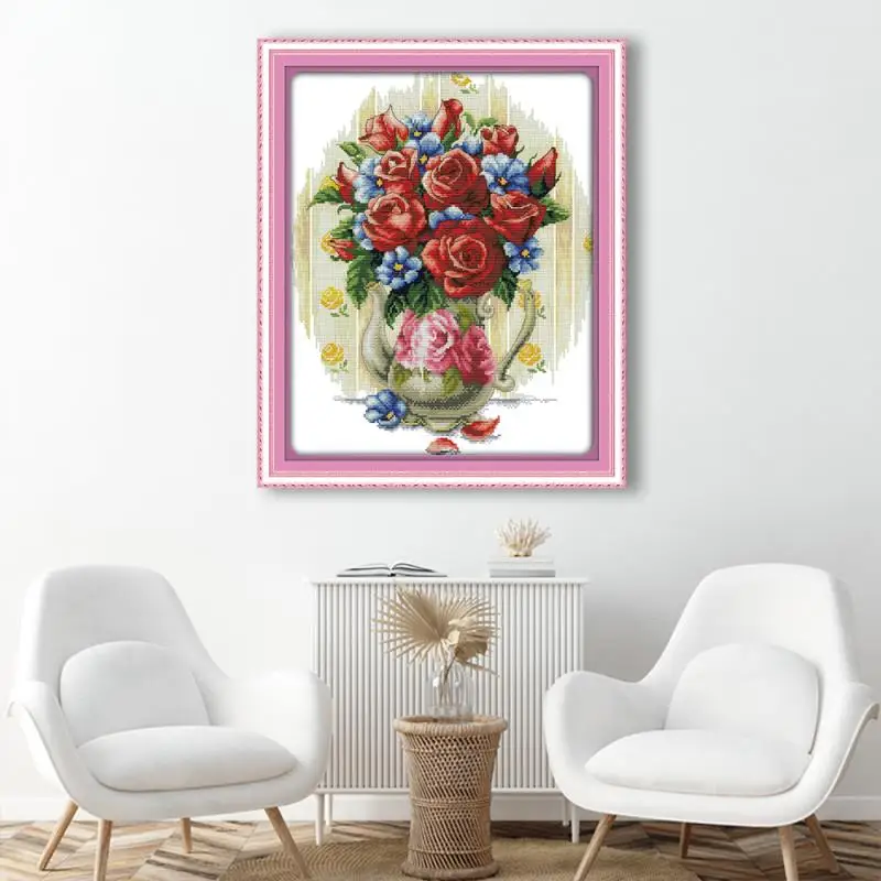 

Rose Vase Pattern Cross Stitch Kit Joy Sunday Aida 16/14/11CT Counted Printed Canvas Needle Art Crafts Gift DIY Embroidery Kit