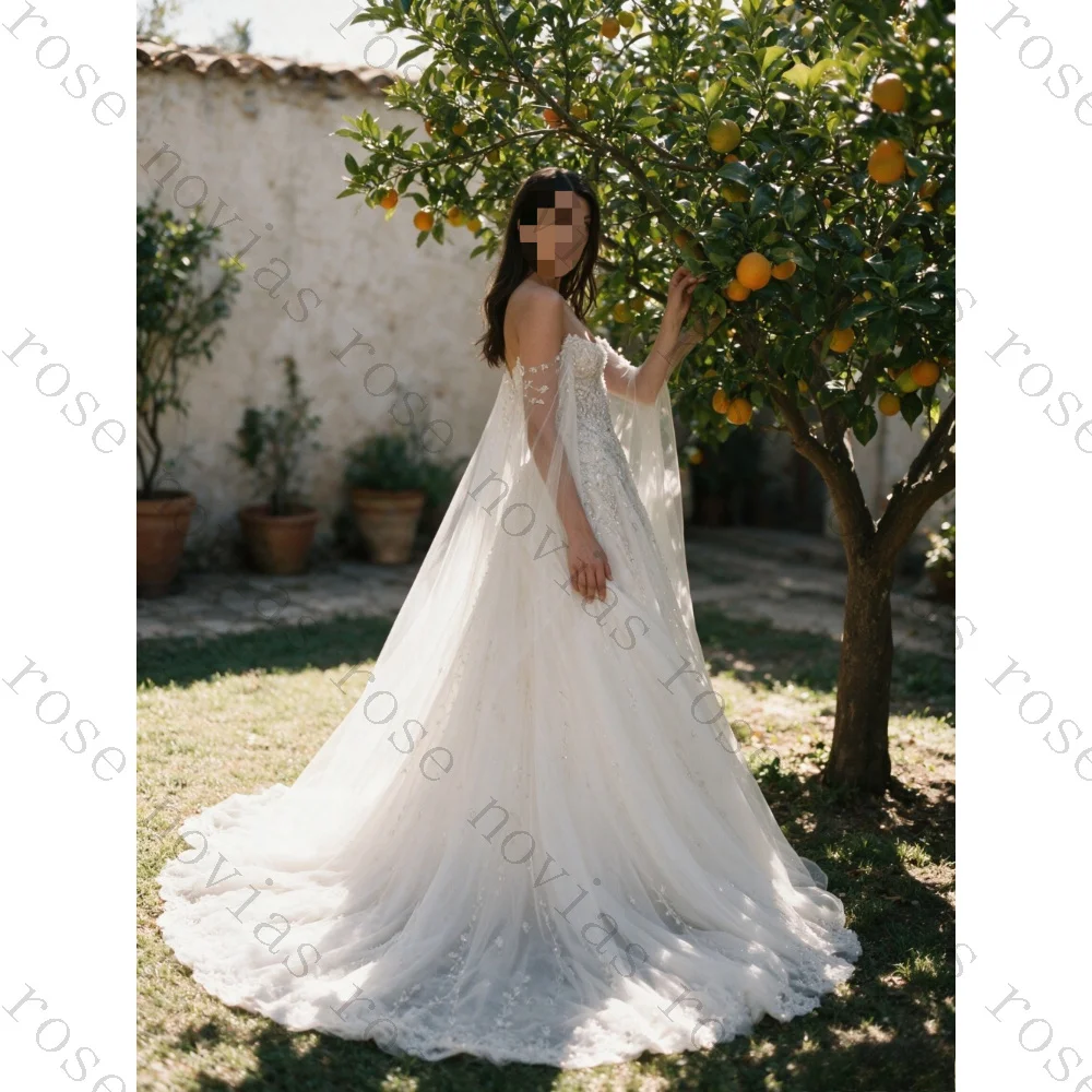 Customized Romantic Dreamy Elegant A Line Wedding Dress 2026 Strapless Sweetheart Cathedral Train Beaded Floral Cape Bridal Gown