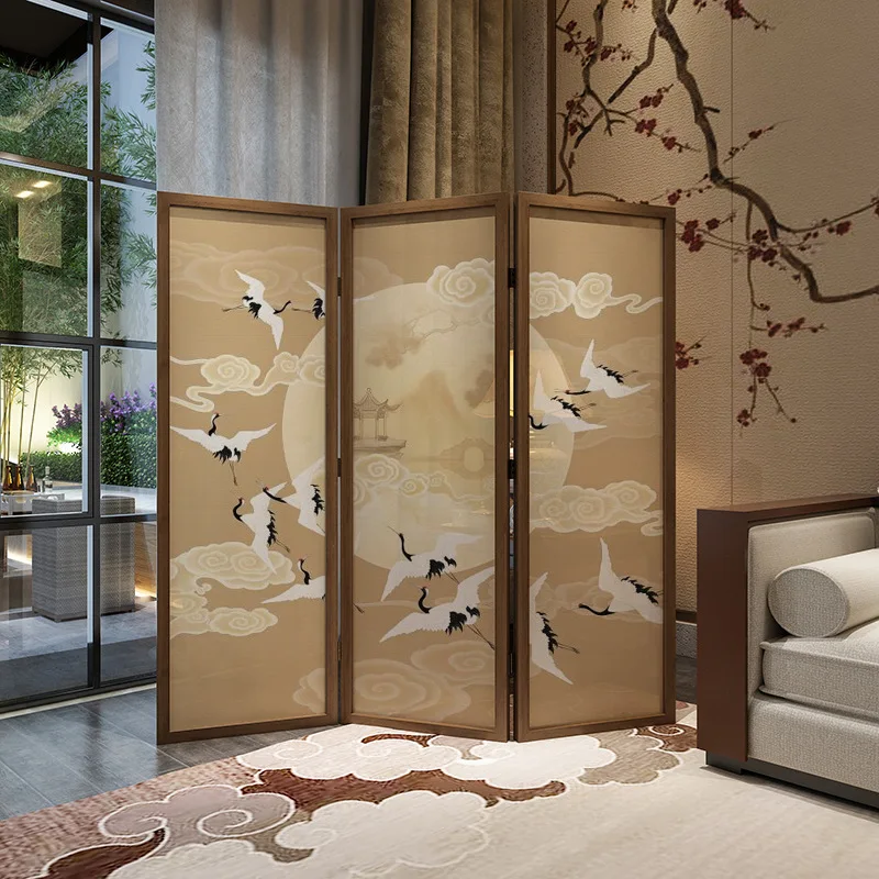 New Chinese-style screen folding partition living room solid wood entrance office mobile hotel tea room crane entry folding scre