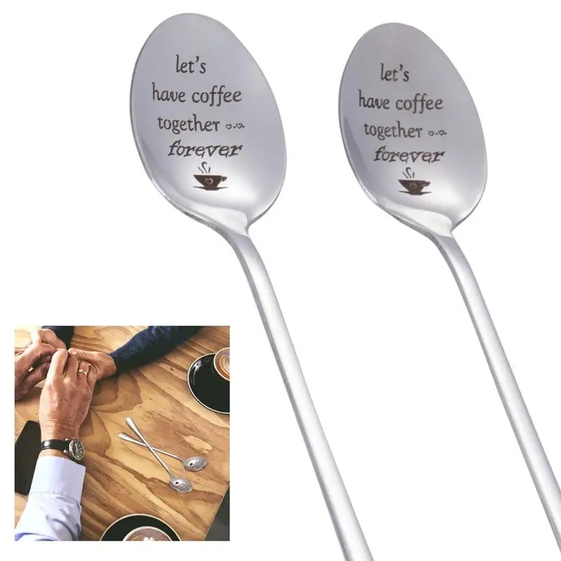 2Pcs Engraved Coffee Couple Spoons Let'S Have Coffee Together Forever Coffee Spoons 304 Stainless Steel Spoons Wedding Gifts