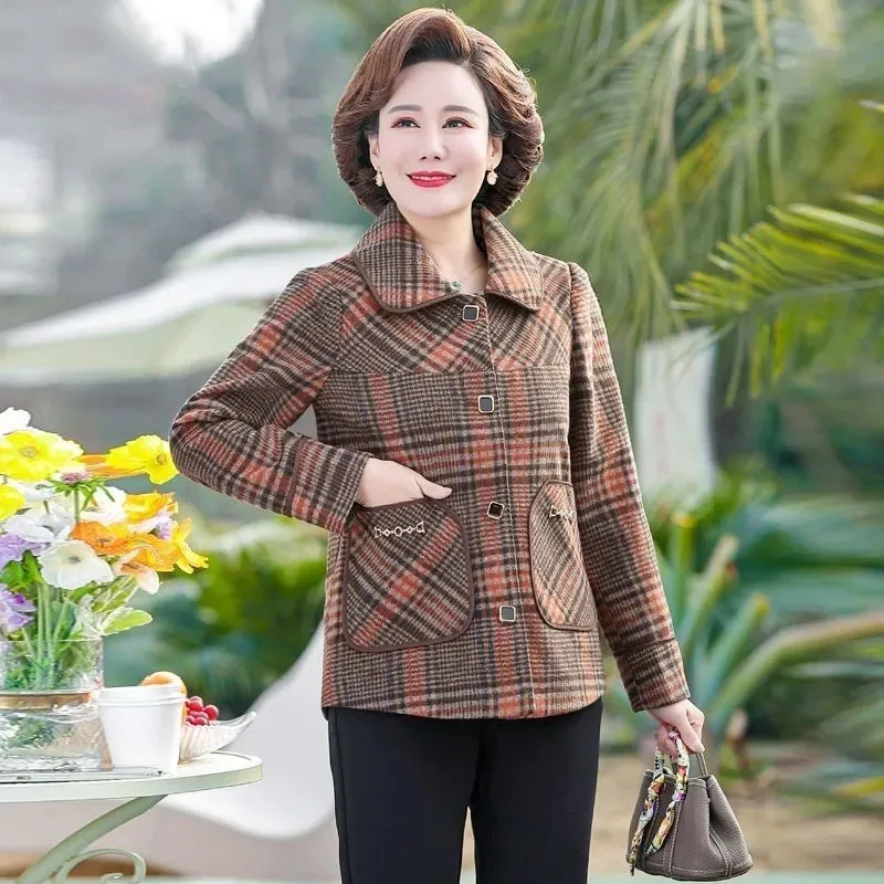 

Retro Middle Aged Mother Fashion Wool Coat 2025 Femme Large Size 5XL Suit Outwear Spring Autumn Lady High-end Woolen Top Jacket