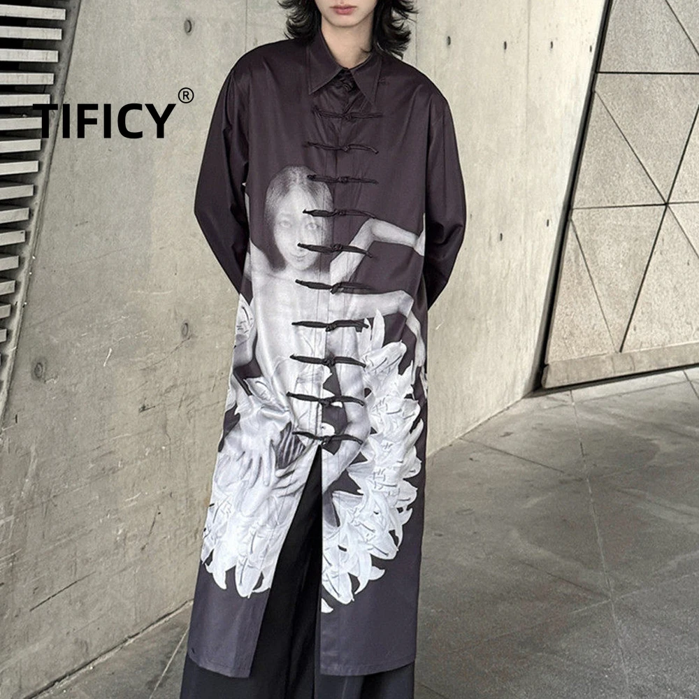 

Мужская удлиненная рубашка с принтом в китайском стиле, на пуговицах, уличная одежда, ветровка средней длины