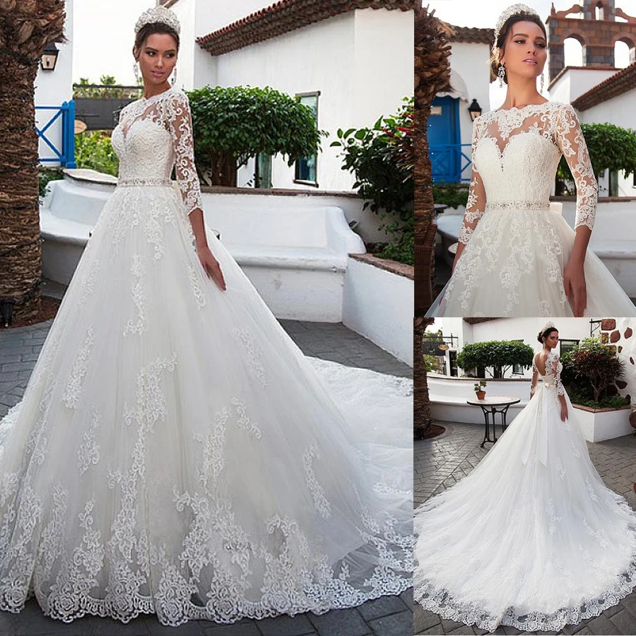 

Gorgeous Tulle Jewel Neckline A-line Wedding Dress With Fully Lace Appliques Beadings Belt 3/4 Sleeves Bridal Gowns