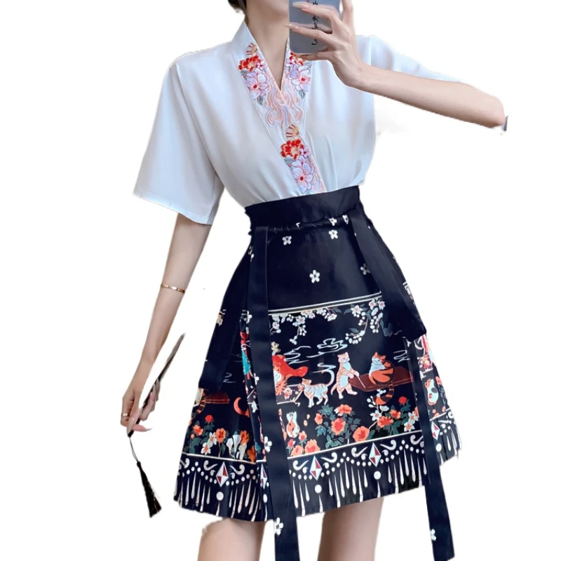 Short Horse-Face Skirt Suit Women\'s 2 Piece Set 2024 New Summer Embroidered Blouse Chinese Style Improved Hanfu Skirt Outfits