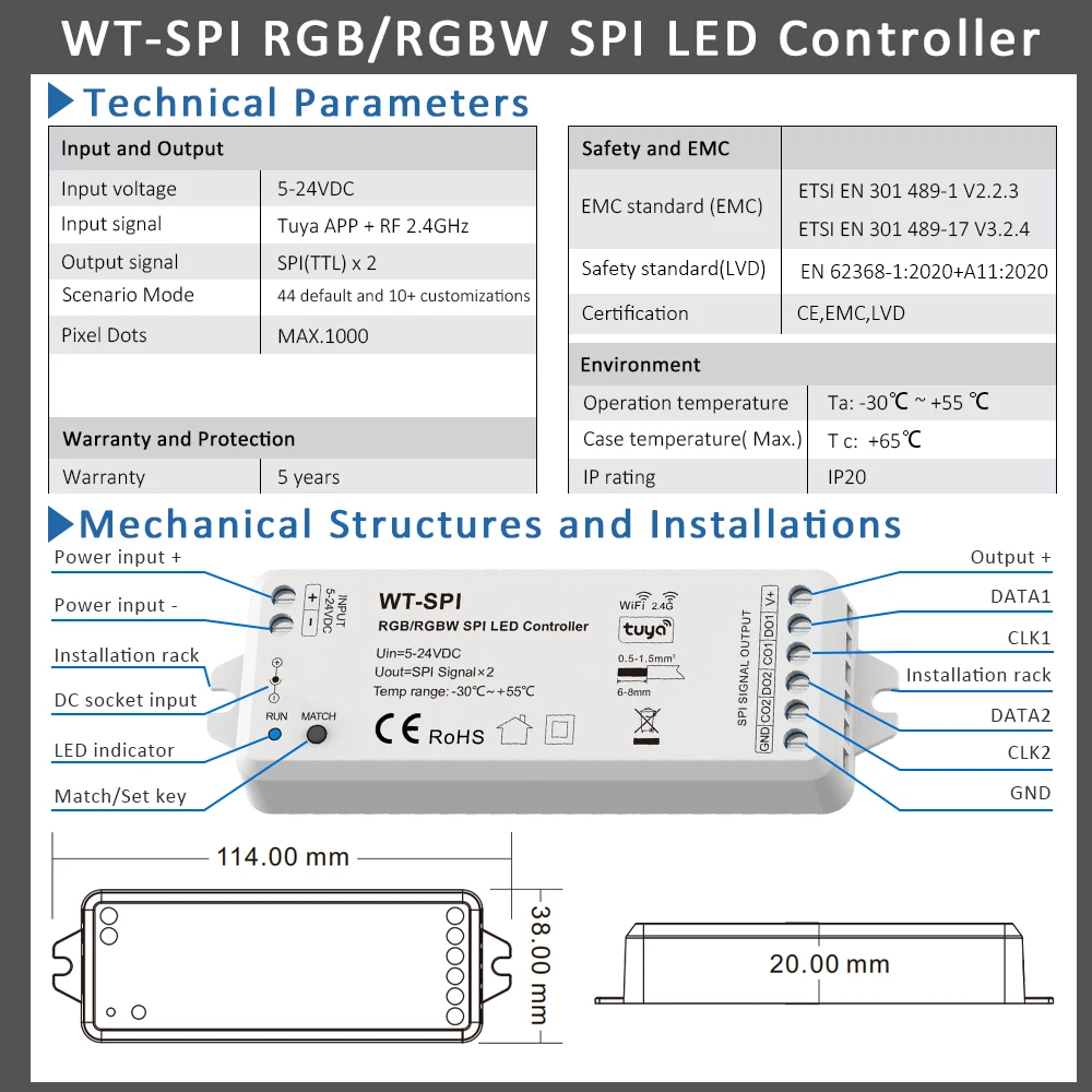 DC5-24V SPI Tuya LED Controler Wifi Smart Life RGB RGBW Pixel Controller for WS2811 WS2812B Addressable RGBIC LED Strip Light