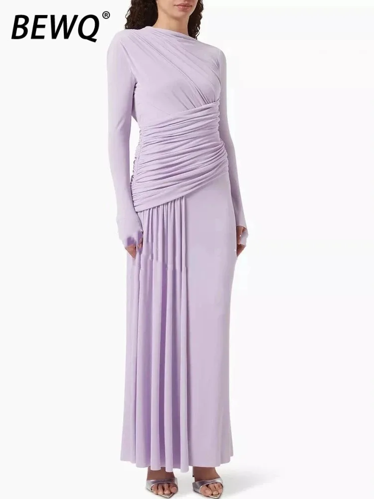 

BEWQ Women's Fashio Elegant O-neck Long Sleeve Knitted Pleated Party Wasit Dress 2025 Autumn New