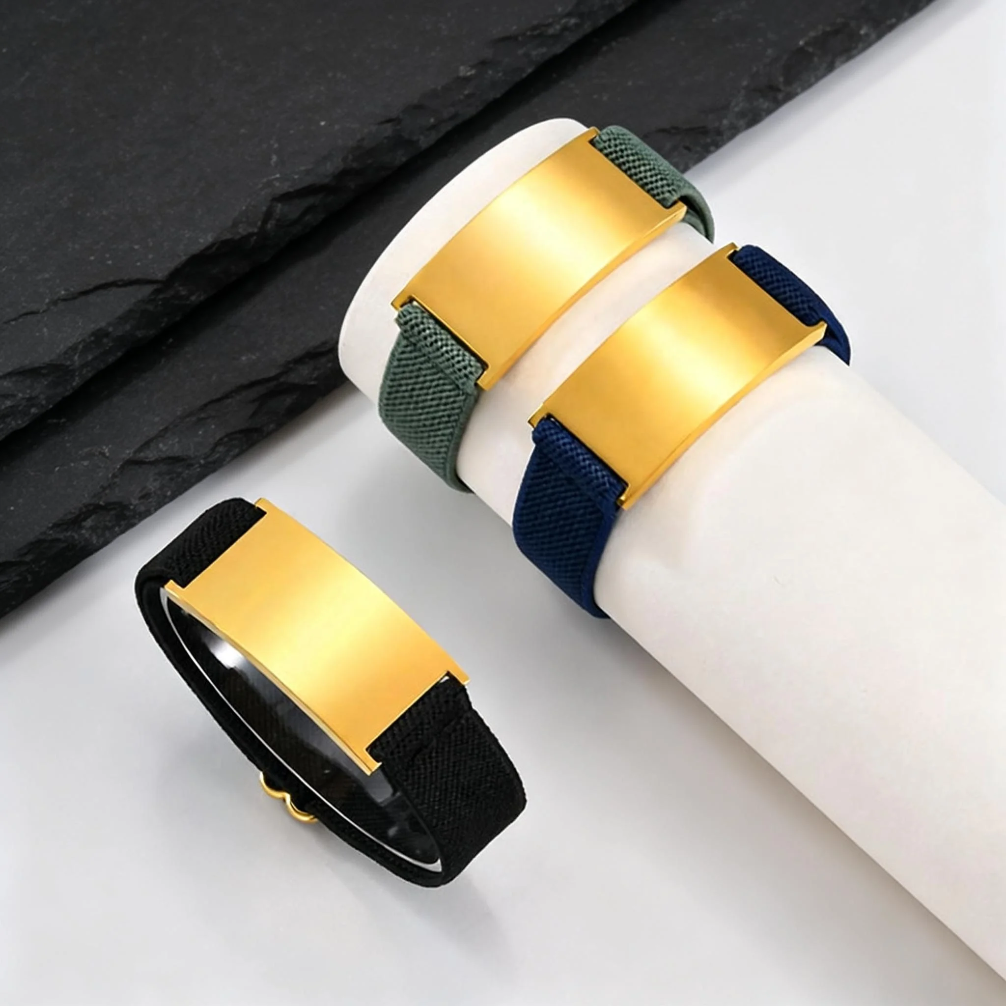 Custom Elastic Fabric Nylon Bracelets for Men,Gold Plated Stainelss Steel Name ID Wristband,Personalized Engraved Jewelry Gift