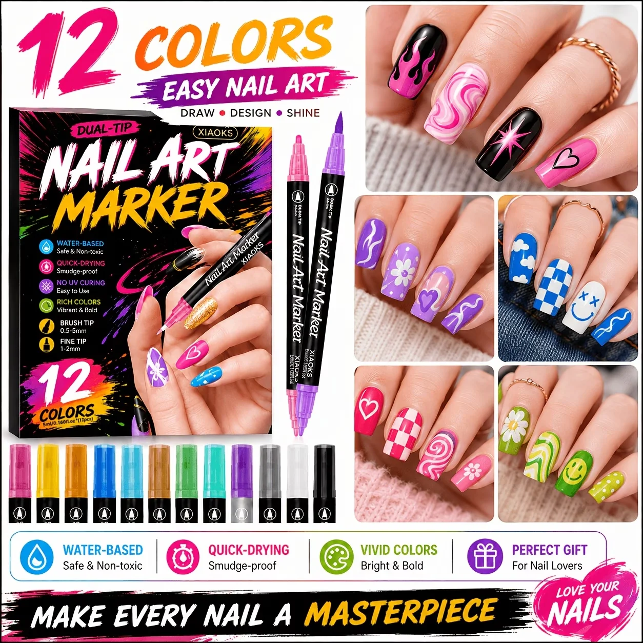 Nail Soft-Tipped Painting Pens, 12-Piece Double-Ended Acrylic Markers, Waterproof Quick-Drying Water-Based Nail Art Pens, No-Bake Scratch-Resistant, Easy DIY Creation of Complex Pattern Designs Easy to Use, Suitable for Any Application Scenario, the Same Style as the Ones Used by Instagram Influencers, Specialized for Nail Salons, a Must-Have Tool for Nail Enthusiasts. It Is a Thoughtful Gift for Beauty Enthusiasts on Valentine's Day, Birthdays, and Other Holidays & New Year's Eve.