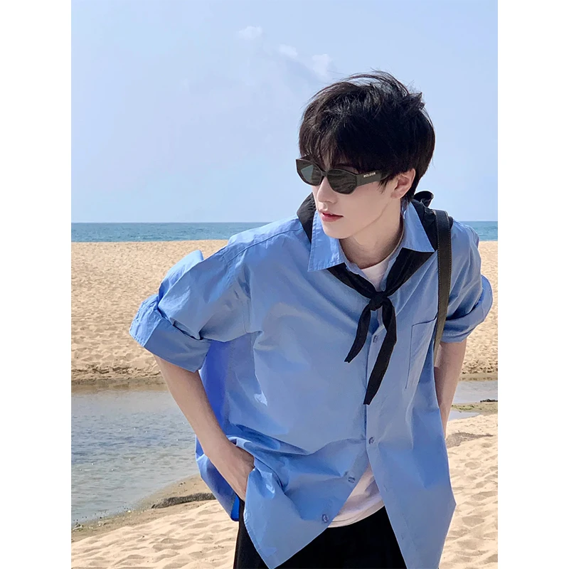 

Teenage Sle Light Blue Silk irt Jaet Men's Summer Thin Sun Protection ort Sve irt Loose Fit Faionable Trendy