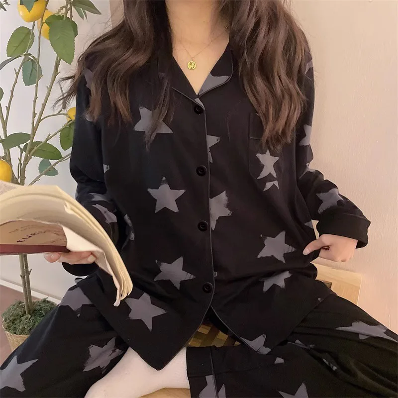 Star Full Print Pajamas for Women Spring and Summer New Long Sleeve Black High-end Home Wear Women\'s Pajamas Nightwear Sleepwear