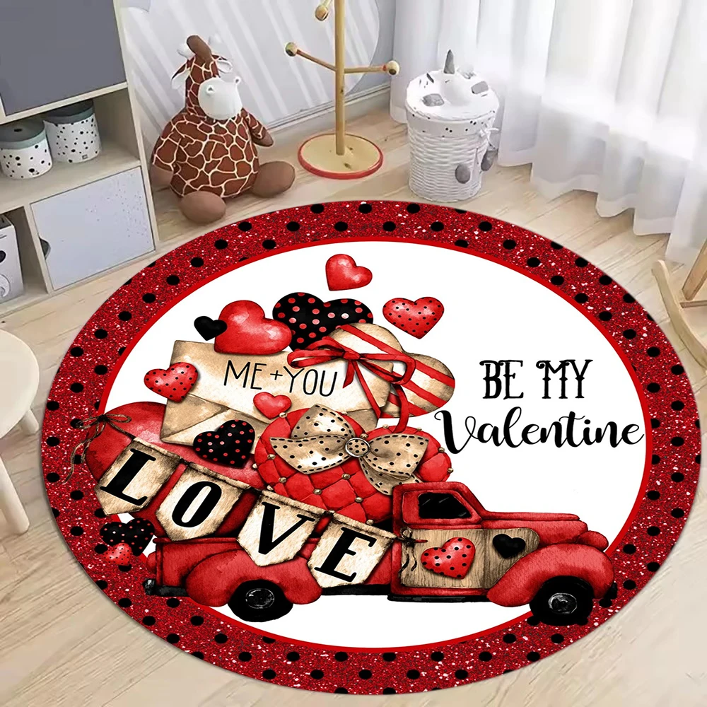 Round Rug Valentine Heart Red Car Roses Love Message Romantic Bedroom Decor Floor Mat Holiday Gift  Kitchen Rug Home Decoration