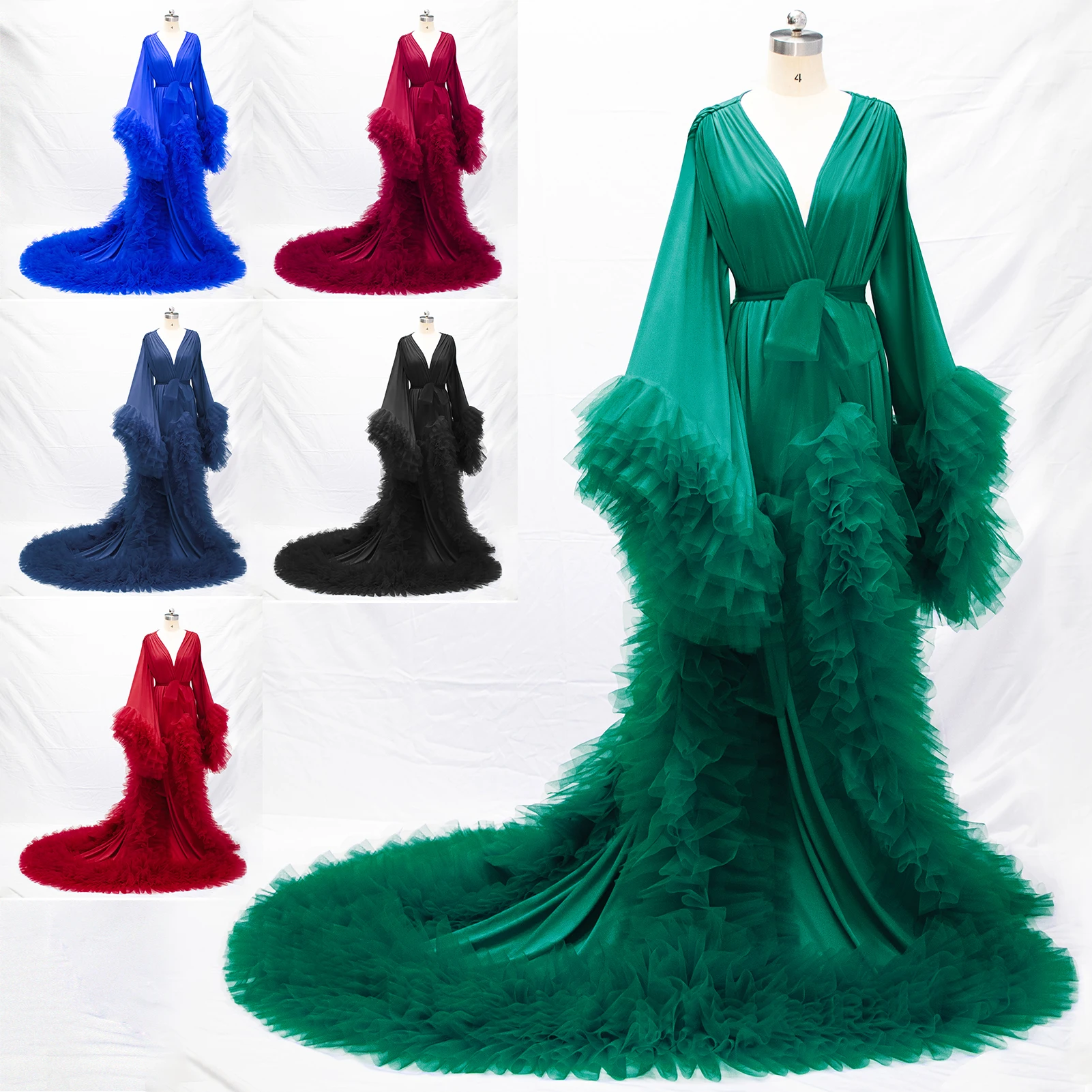 

Nice-looking Women Nightgown Pajamas V-Neck Ruffles Lace up Long Sleeve Bridal Wedding Bathrobe for Photography Custom Made