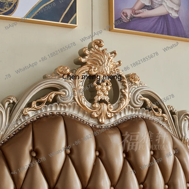 European leather bed master bedroom champagne gold master bedroom solid wood carving flower first layer cowhide wedding bed