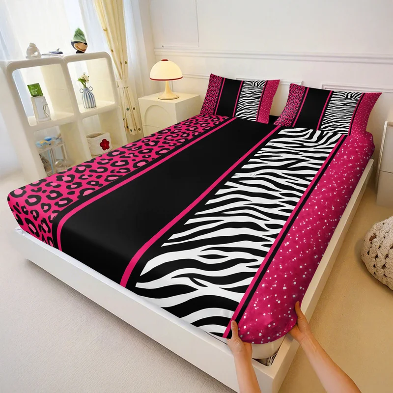 Hot Pink Leopard Zebra Splicing Print Fitted Sheet Set Bedding Set Soft Breathable Bedding for Girls Bedroom Teens