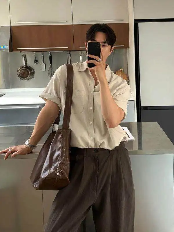 

Men's Summer Thin Linen Short Sleeve Shirt Korean Style Lightweight Luxury Simple Neck Inner Wear City Walk Cotton 100%