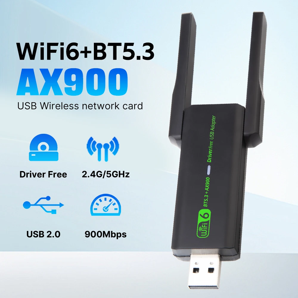 AX900 USB WiFi 6 بلوتوث 5.3 محول 2 في 1 دونغل مزدوج 5dB هوائي 2.4G & 5 جيجا هرتز استقبال Wlan اللاسلكي لـ Win10/11 سائق مجاني