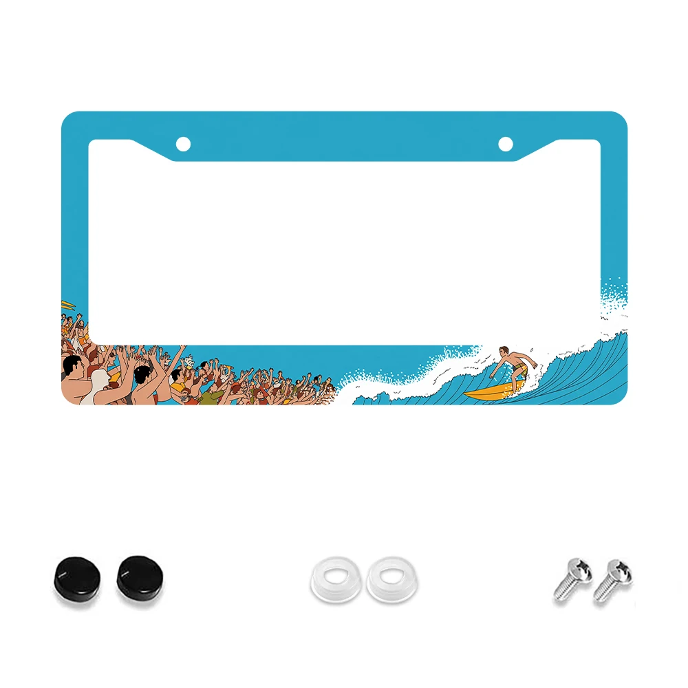 

1pc Blue Colorful Surfing Pattern 2 Hole License Plate Frame, Aluminum Material, 6x12 Inches, with Screw Set, Retro Novelty Car