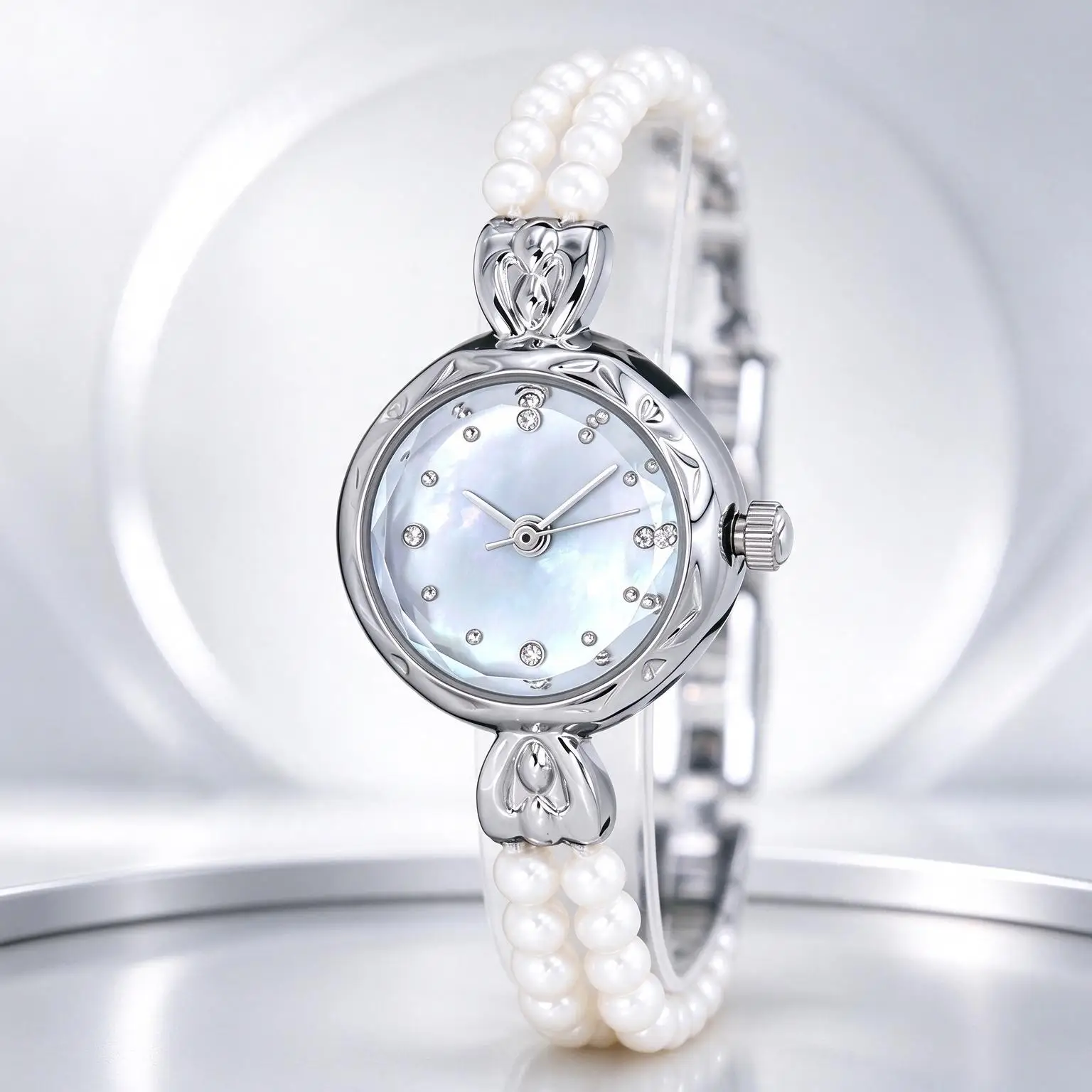 GULENA Vintage Ladies Quartz Watch Pearl Strap Small Shell Round Dial Gold Plated Women Wristwatch Daily Waterproof Gift
