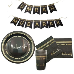 10Pcs Schwarz Gold Umrah Mubarak Einweg Pappteller Tasse Serviette Banner Eid Mubarak Islamischen Muslimischen Festival Party Decor Liefert