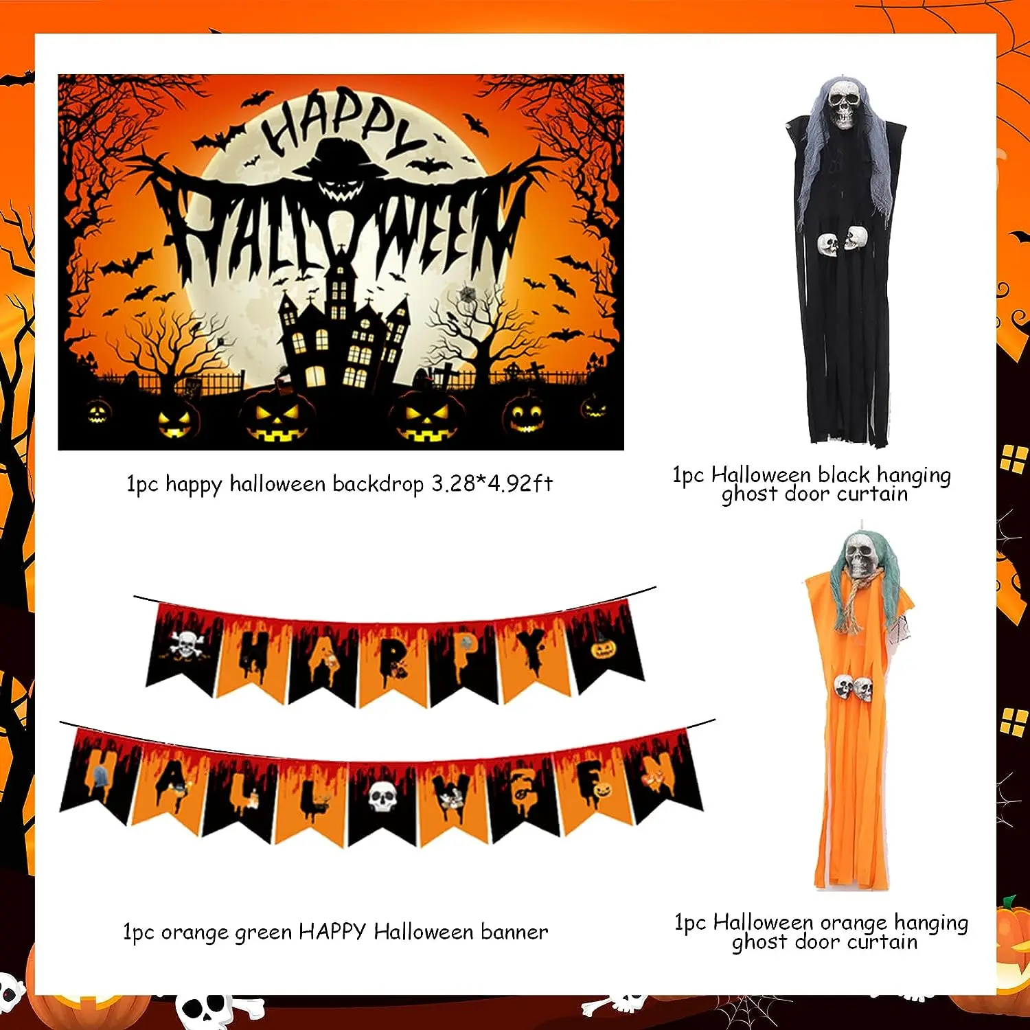 Sursurprise-Halloween Trunk or Treat Car Decorations, Orange, Black, Happy Backdrop Banner, Halloween Ghost Hanging Decors