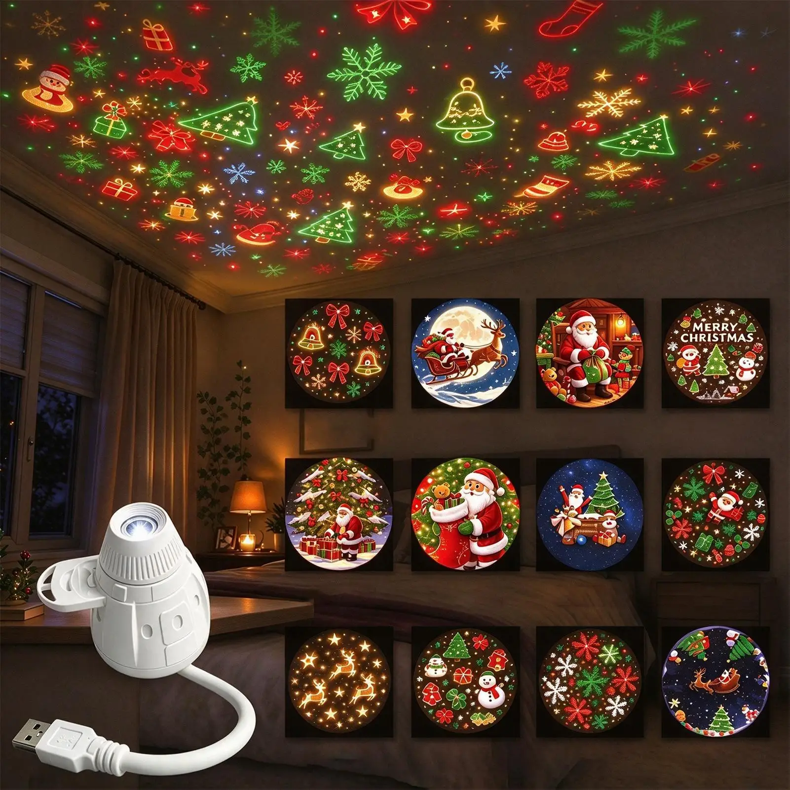 クリスマスプロジェクターライト、屋内用、コンセント式ledプロジェクションランプ、5dホログラフィック、usb接続、寝室やリビングに最適なクリスマスプロジェクションライト。