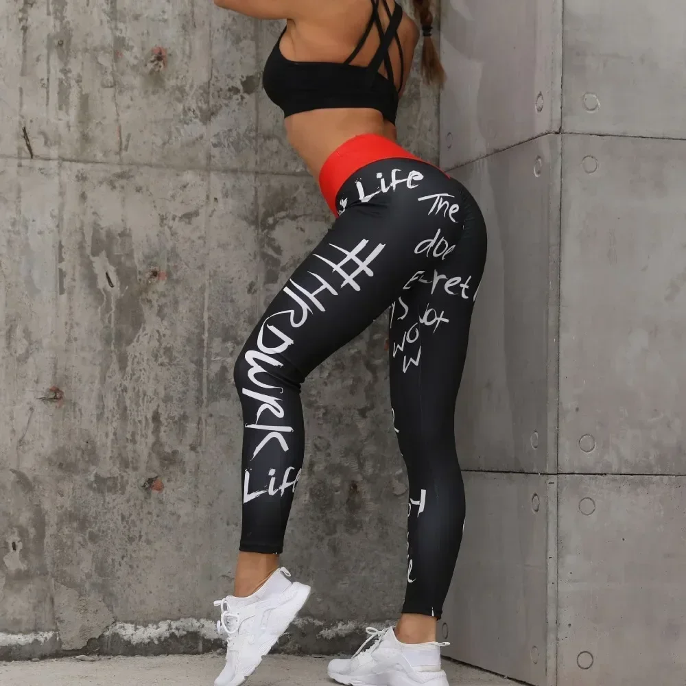 Letter Printed Women Sport Leggings High Waisted Push Up Yoga Pants Woman Gym Fitness Running Tights Running Legins