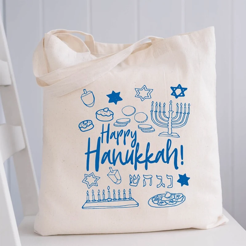 

Happy Hanukkah Canvas Tote Bag Chanukah Celebration Decoration Supplies Jewish Festival Accessories Holiday Gifts Reusable Bags