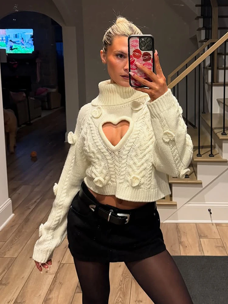 

Loose Heart-shaped Hollow-out Short Sweater For Women Full Sleeve Knitted Pullover Solid Color Lady Fashion Highstreet Outwear